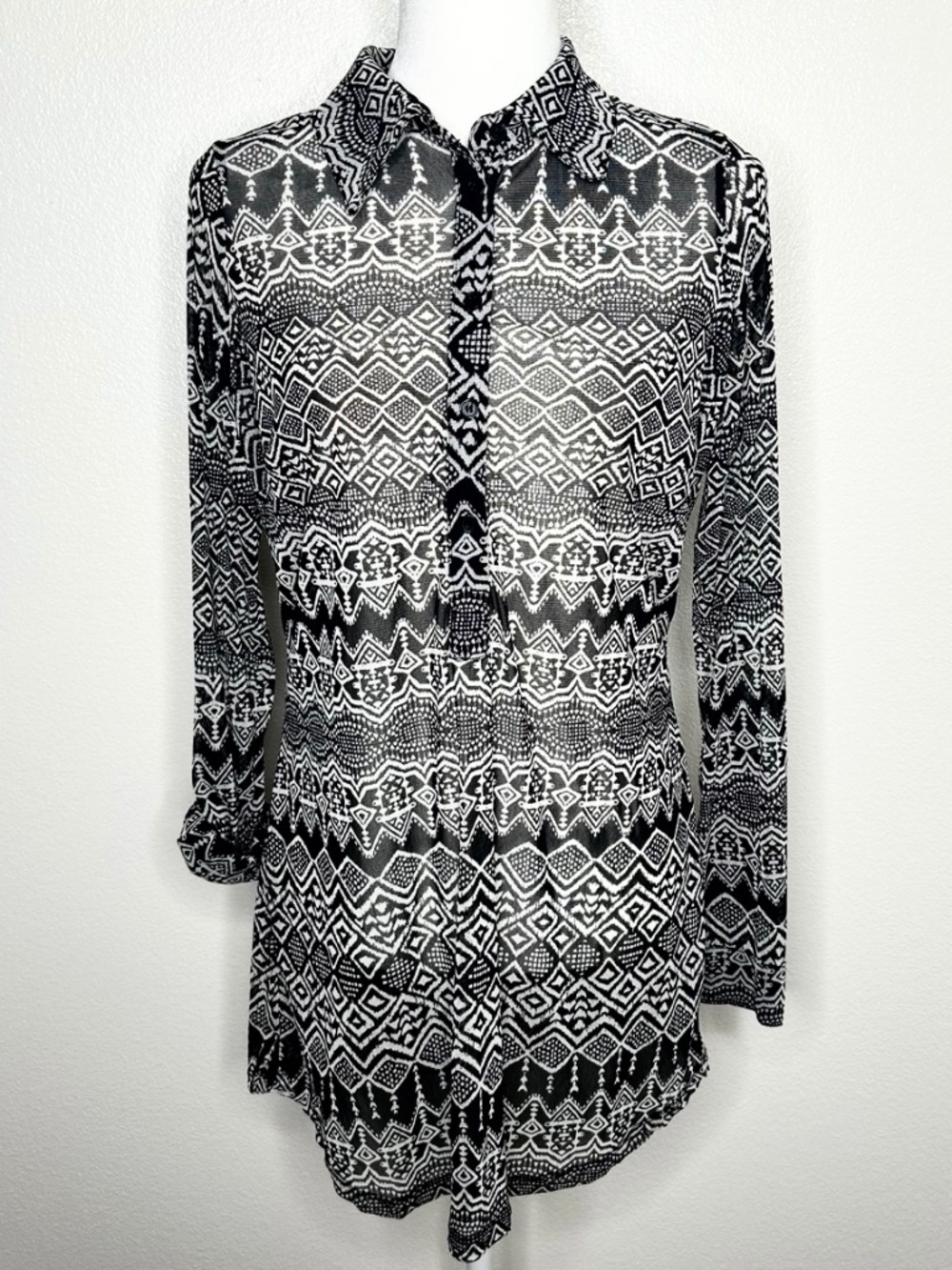 INC Womens Black & White Tribal Aztec Long Sleeve Mesh Tunic Top Size S